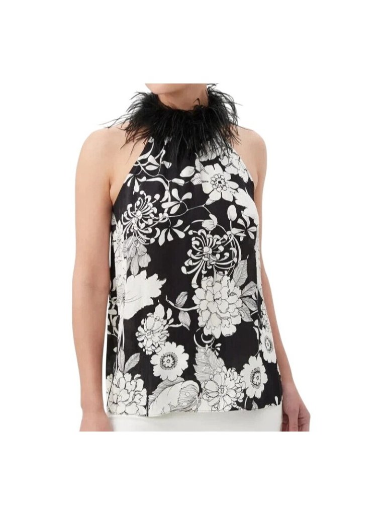 Trina Turk Grand Black & White Floral Top With Ostrich Feather Neckline